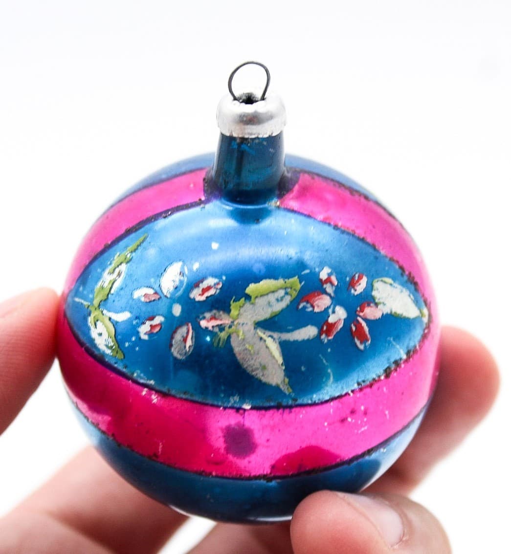 Vintage Made In Poland Mercury Glass Pink Blue Floral Christmas Ornament - Thumbnail 3