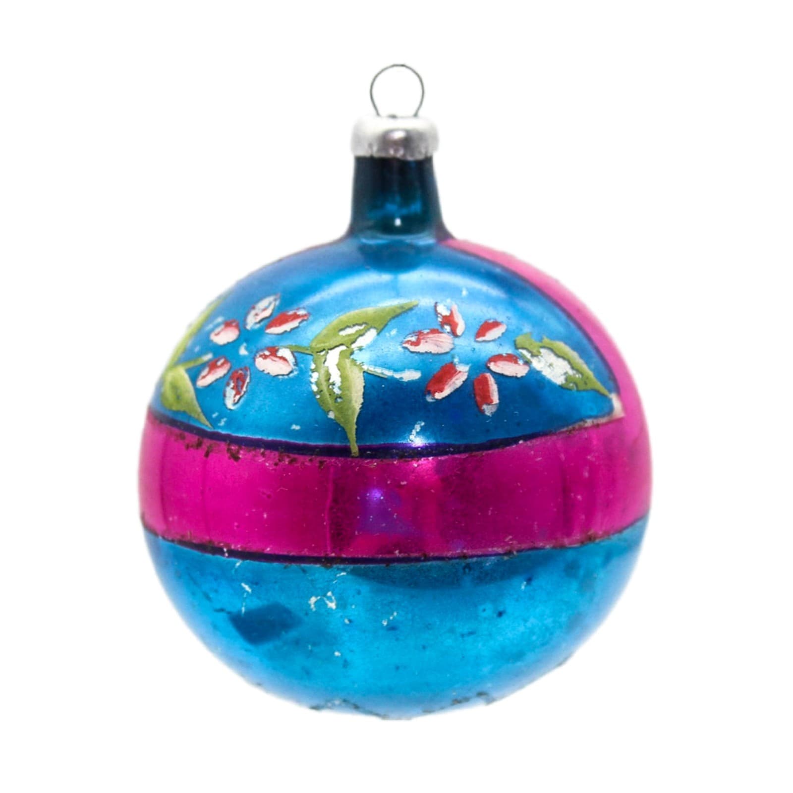 Vintage Made In Poland Mercury Glass Pink Blue Floral Christmas Ornament - Image 1