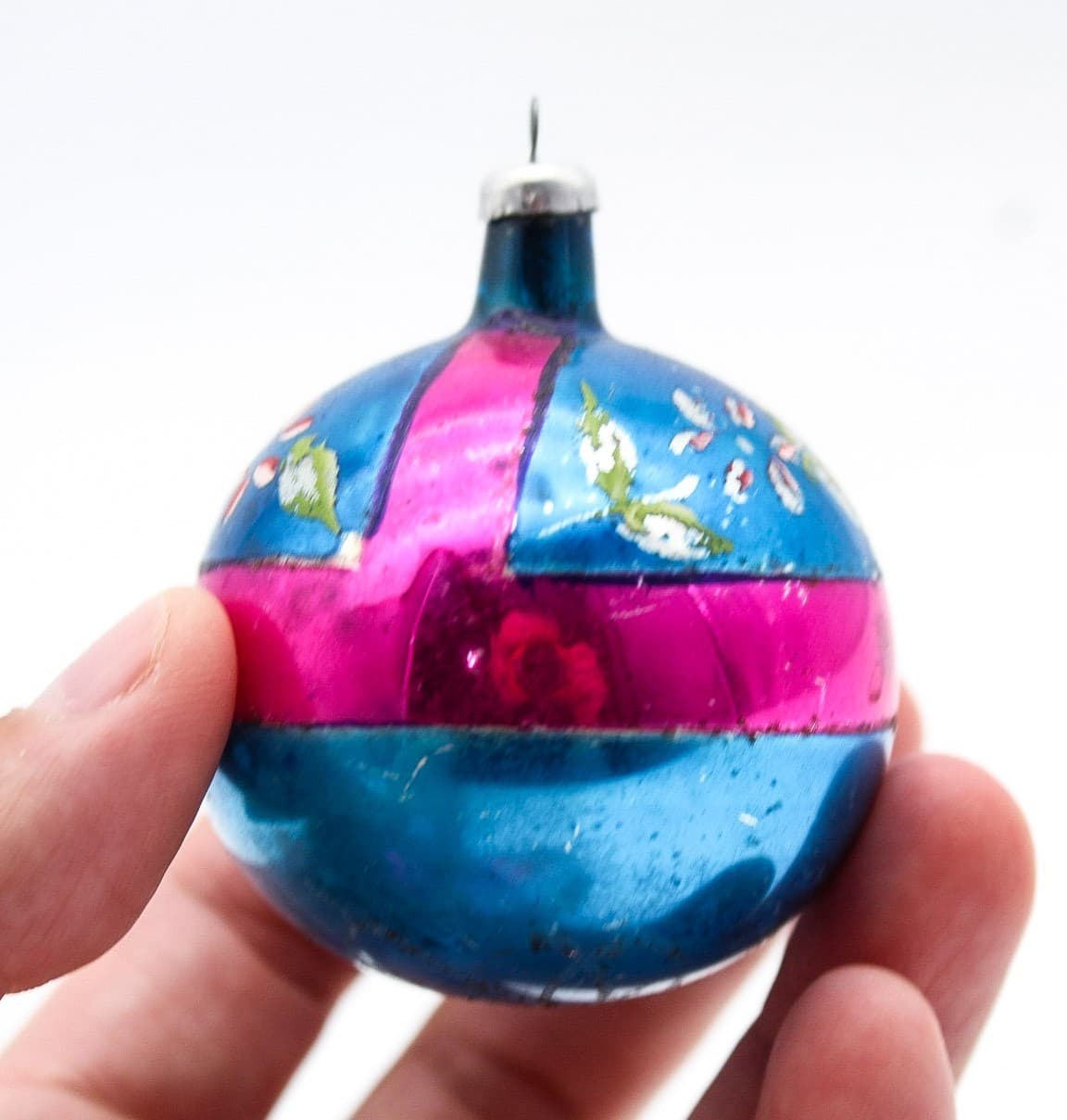 Vintage Made In Poland Mercury Glass Pink Blue Floral Christmas Ornament - Thumbnail 2