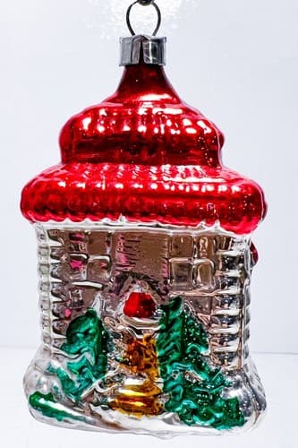 Antique Vintage Poland Blown Glass House Red Roof w/ Tree Christmas Ornament - Thumbnail 2