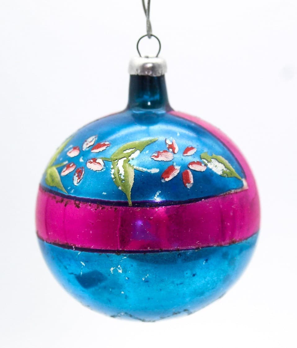Vintage Made In Poland Mercury Glass Pink Blue Floral Christmas Ornament - Thumbnail 7
