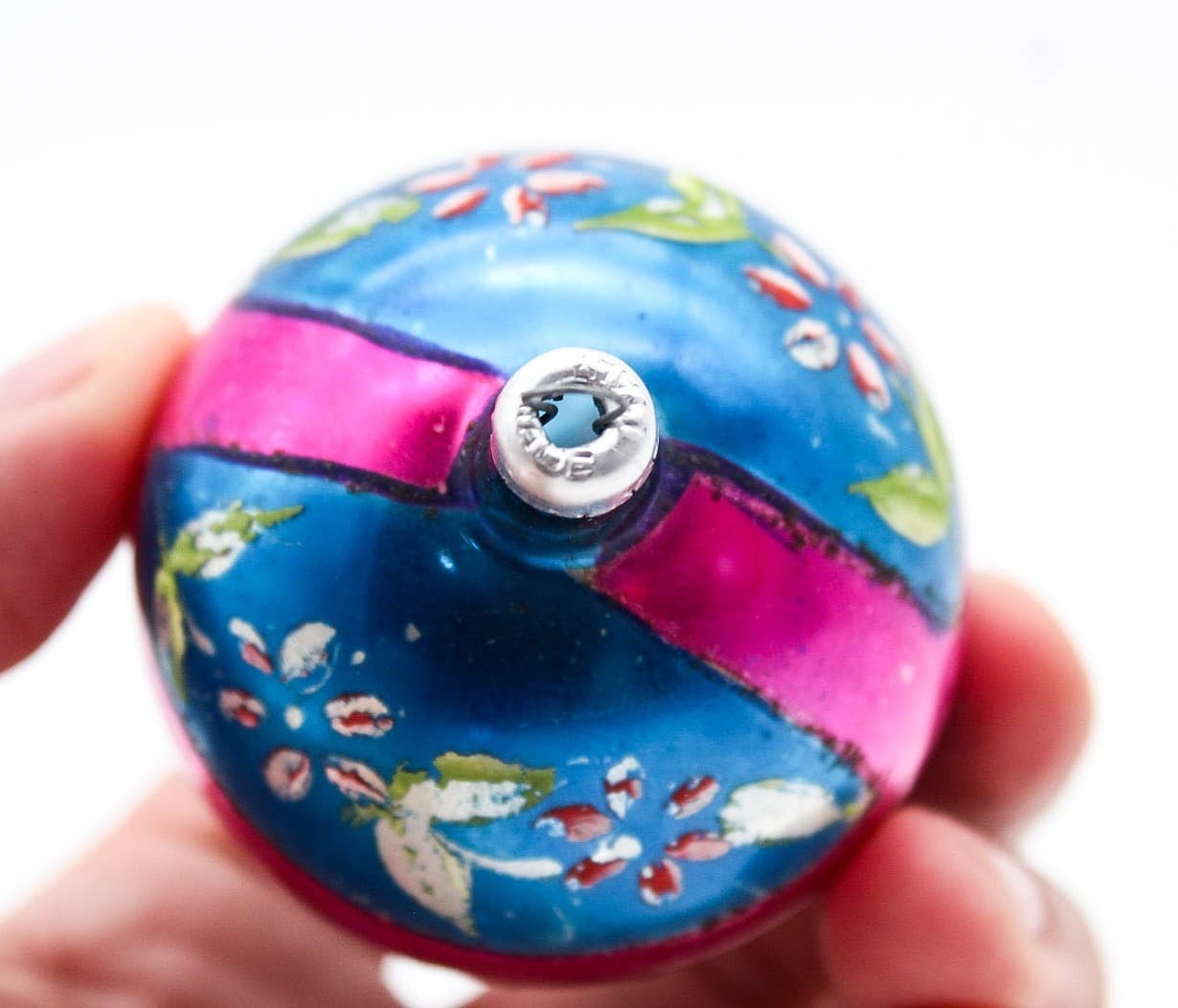 Vintage Made In Poland Mercury Glass Pink Blue Floral Christmas Ornament - Thumbnail 4