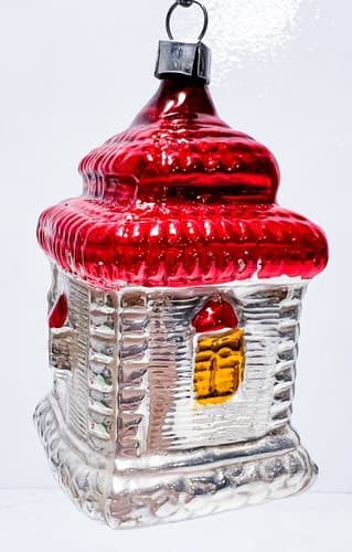 Antique Vintage Poland Blown Glass House Red Roof w/ Tree Christmas Ornament - Thumbnail 4