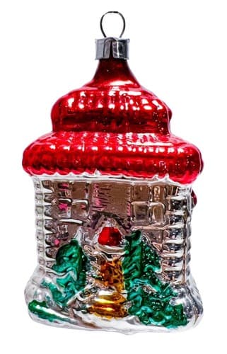 Antique Vintage Poland Blown Glass House Red Roof w/ Tree Christmas Ornament - Image 1