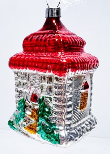 Antique Vintage Poland Blown Glass House Red Roof w/ Tree Christmas Ornament - Thumbnail 3