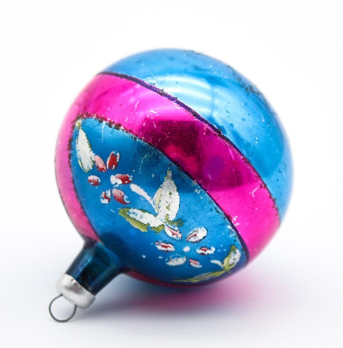 Vintage Made In Poland Mercury Glass Pink Blue Floral Christmas Ornament - Thumbnail 6