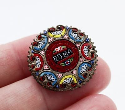 Antique Micro Mosaic Glass Made In Italy Roma Round Pin Brooch - Thumbnail 2