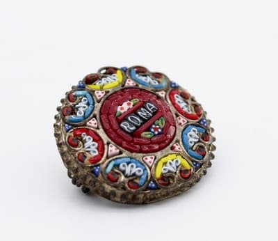 Antique Micro Mosaic Glass Made In Italy Roma Round Pin Brooch - Thumbnail 3