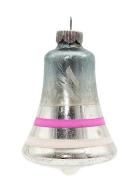 Shiny Brite Feathered Silvered Pink White Striped Glass Bell Christmas Ornament - Image 1