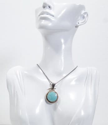 Vintage 925 Sterling Silver Natural Turquoise Pendant Necklace Made In Mexico - Thumbnail 2