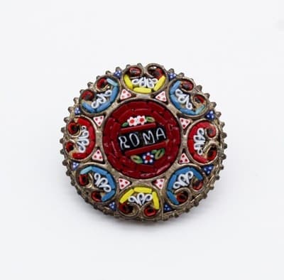 Antique Micro Mosaic Glass Made In Italy Roma Round Pin Brooch - Thumbnail 5
