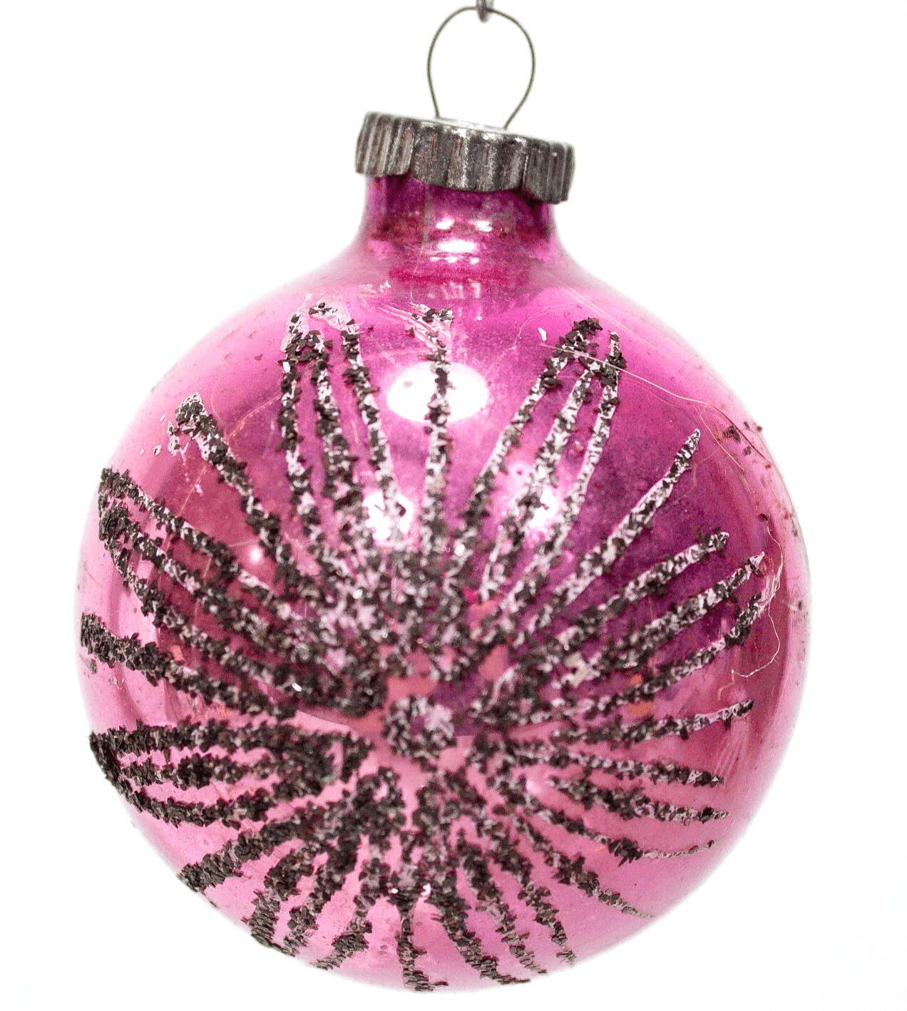 Vintage West Germany Glitter Star Round Pink Glass Christmas Ornament - Image 1