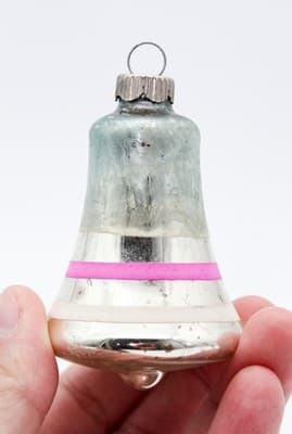 Shiny Brite Feathered Silvered Pink White Striped Glass Bell Christmas Ornament - Thumbnail 2