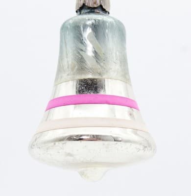 Shiny Brite Feathered Silvered Pink White Striped Glass Bell Christmas Ornament - Thumbnail 4