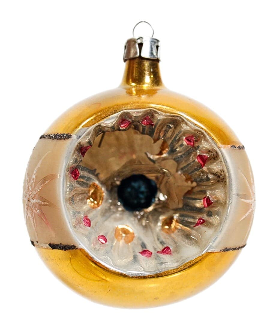 Vintage POLAND Hand Painted Gold Mica Stencil Reflector Glass Christmas Ornament - Image 1