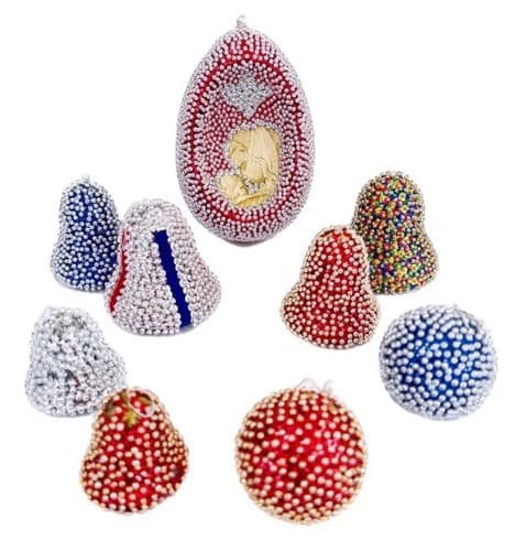 9 Vintage Push Pin Beaded Sequin Virgin Mary Bells Ball Christmas Ornaments - Image 1