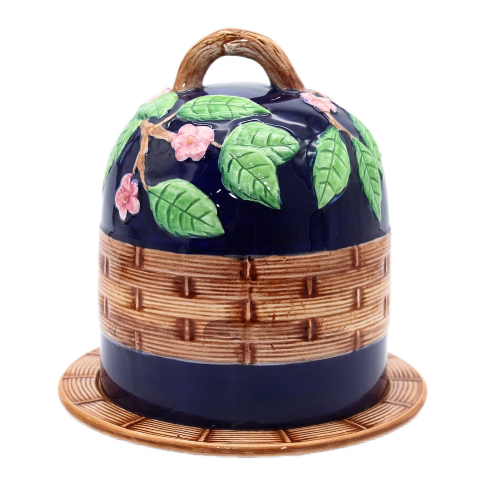 Majolica Hand Painted Pottery Hand Painted Weaved Covered Dome Cheese Dish 7.5" - Image 1