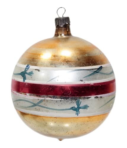Vintage Poland Red & White Striped Green Floral Gold Glass Christmas Ornament - Image 1