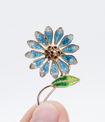 Vintage 800 European Silver Blue Flower Filigree Enamel Pin Brooch - Thumbnail 2