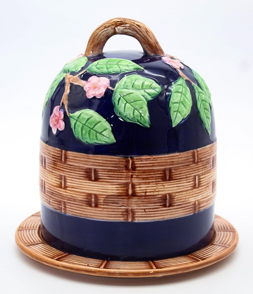 Majolica Hand Painted Pottery Hand Painted Weaved Covered Dome Cheese Dish 7.5" - Thumbnail 6