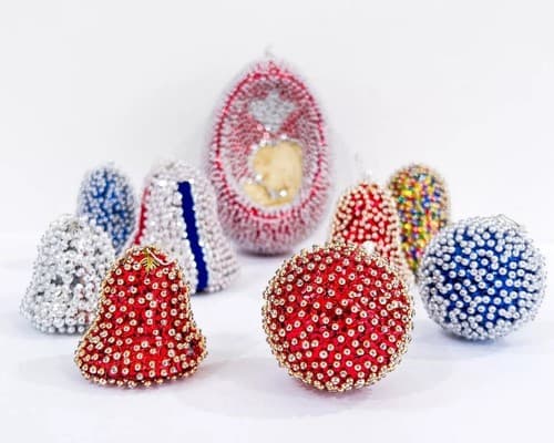 9 Vintage Push Pin Beaded Sequin Virgin Mary Bells Ball Christmas Ornaments - Thumbnail 2