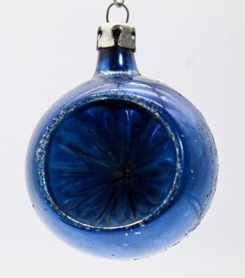 Vtg POLAND Full Blue Mica Indent Reflector Ball Glass Christmas Ornament - Thumbnail 5
