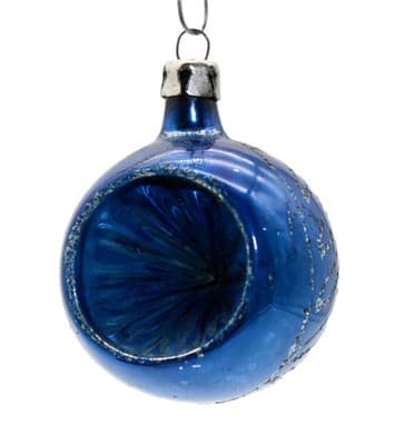 Vtg POLAND Full Blue Mica Indent Reflector Ball Glass Christmas Ornament - Image 1