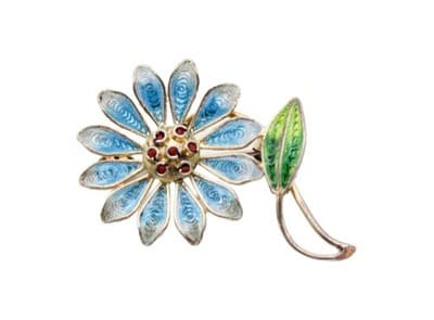 Vintage 800 European Silver Blue Flower Filigree Enamel Pin Brooch - Image 1