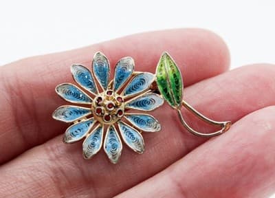 Vintage 800 European Silver Blue Flower Filigree Enamel Pin Brooch - Thumbnail 3