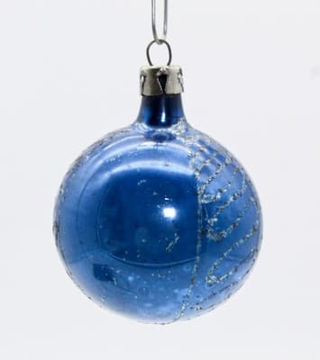 Vtg POLAND Full Blue Mica Indent Reflector Ball Glass Christmas Ornament - Thumbnail 3