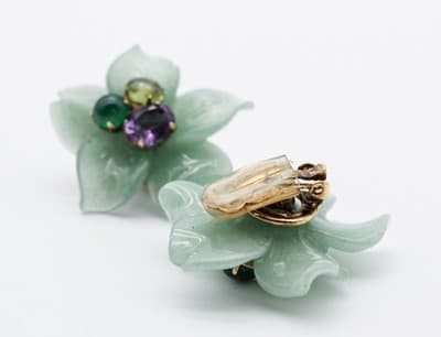 Vtg BOUNKIT Natural Green Jade Amethyst Citrine Floral Motif Clip On Earrings - Thumbnail 4