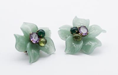 Vtg BOUNKIT Natural Green Jade Amethyst Citrine Floral Motif Clip On Earrings - Thumbnail 2
