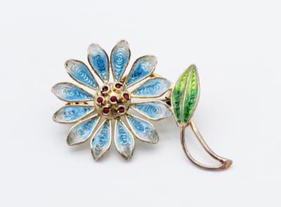 Vintage 800 European Silver Blue Flower Filigree Enamel Pin Brooch - Thumbnail 6