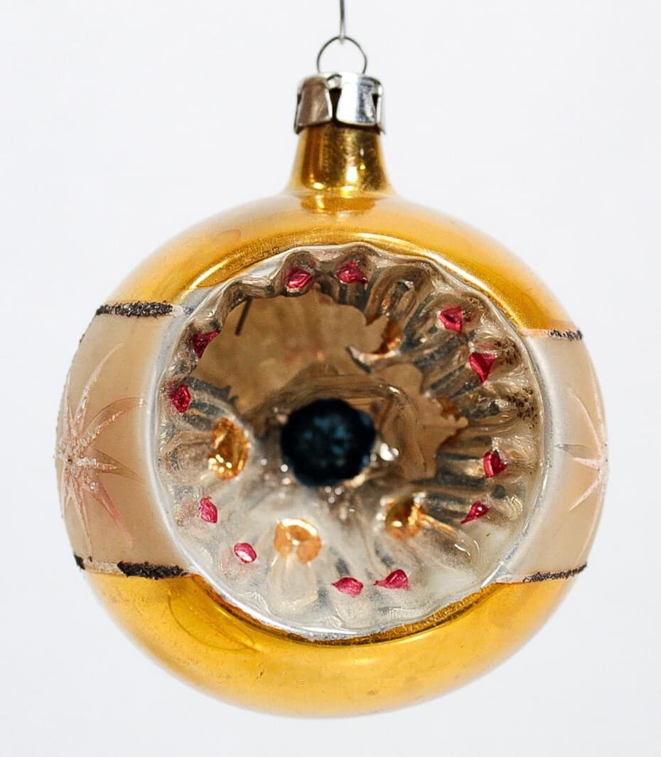 Vintage POLAND Hand Painted Gold Mica Stencil Reflector Glass Christmas Ornament - Thumbnail 6