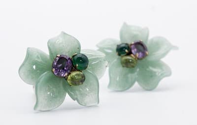 Vtg BOUNKIT Natural Green Jade Amethyst Citrine Floral Motif Clip On Earrings - Thumbnail 8