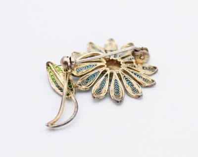 Vintage 800 European Silver Blue Flower Filigree Enamel Pin Brooch - Thumbnail 5