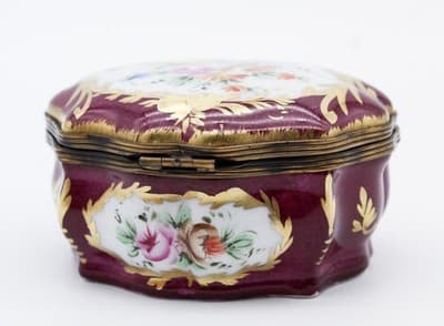 Limoges France Peint Main Antique Hand Painted Floral Burgundy Porcelain Box - Thumbnail 2