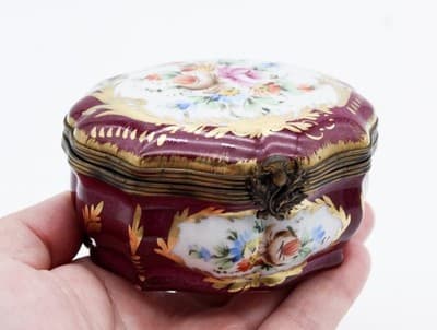 Limoges France Peint Main Antique Hand Painted Floral Burgundy Porcelain Box - Thumbnail 10