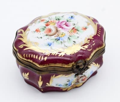 Limoges France Peint Main Antique Hand Painted Floral Burgundy Porcelain Box - Thumbnail 9