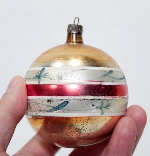 Vintage Poland Red & White Striped Green Floral Gold Glass Christmas Ornament - Thumbnail 2