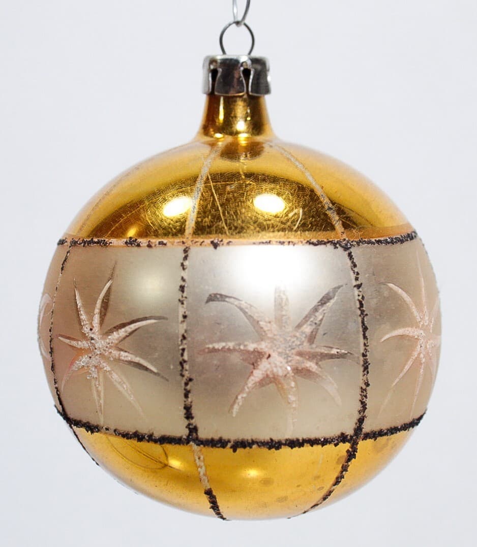 Vintage POLAND Hand Painted Gold Mica Stencil Reflector Glass Christmas Ornament - Thumbnail 2