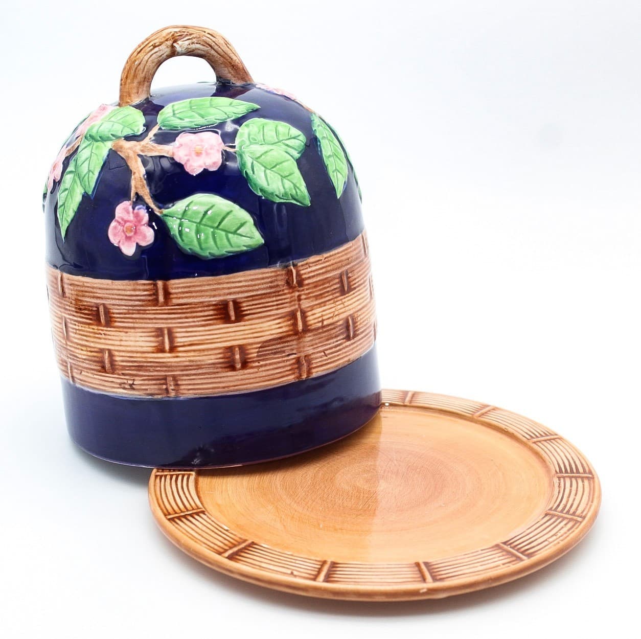 Majolica Hand Painted Pottery Hand Painted Weaved Covered Dome Cheese Dish 7.5" - Thumbnail 2