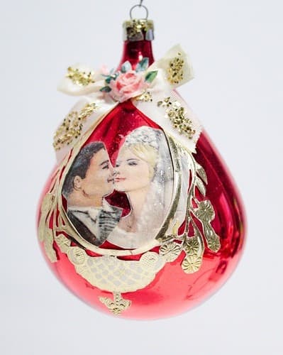 Antique Mercury Glass & Paper Newly Weds Motif European Red Christmas Ornament - Thumbnail 6