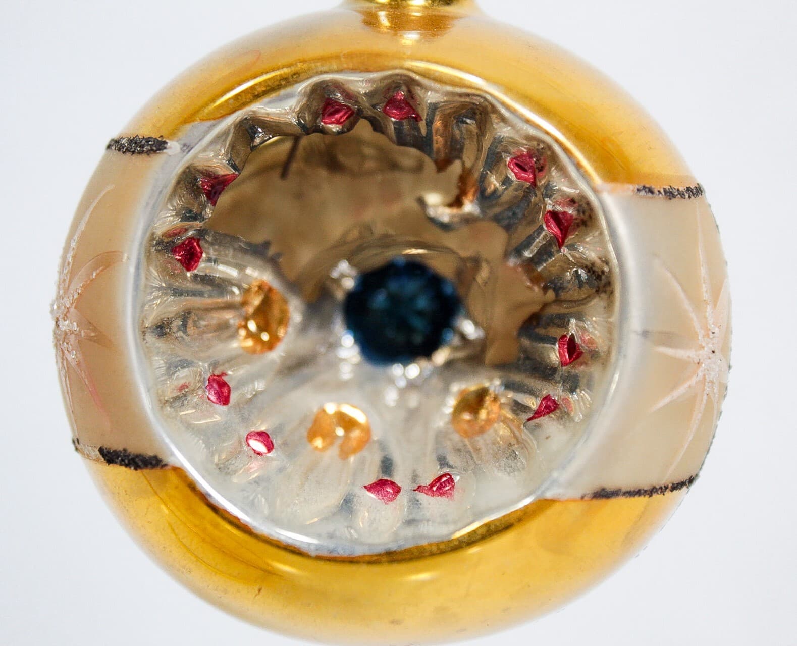 Vintage POLAND Hand Painted Gold Mica Stencil Reflector Glass Christmas Ornament - Thumbnail 3