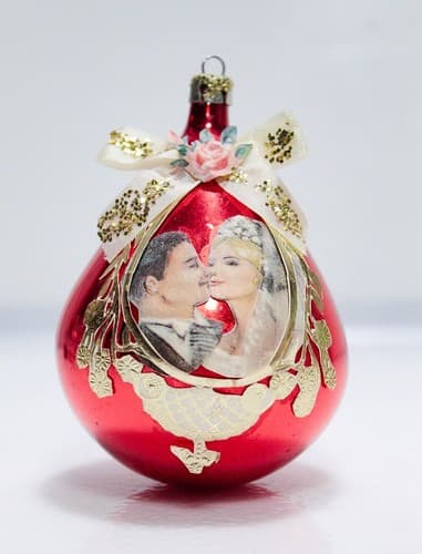 Antique Mercury Glass & Paper Newly Weds Motif European Red Christmas Ornament - Thumbnail 7