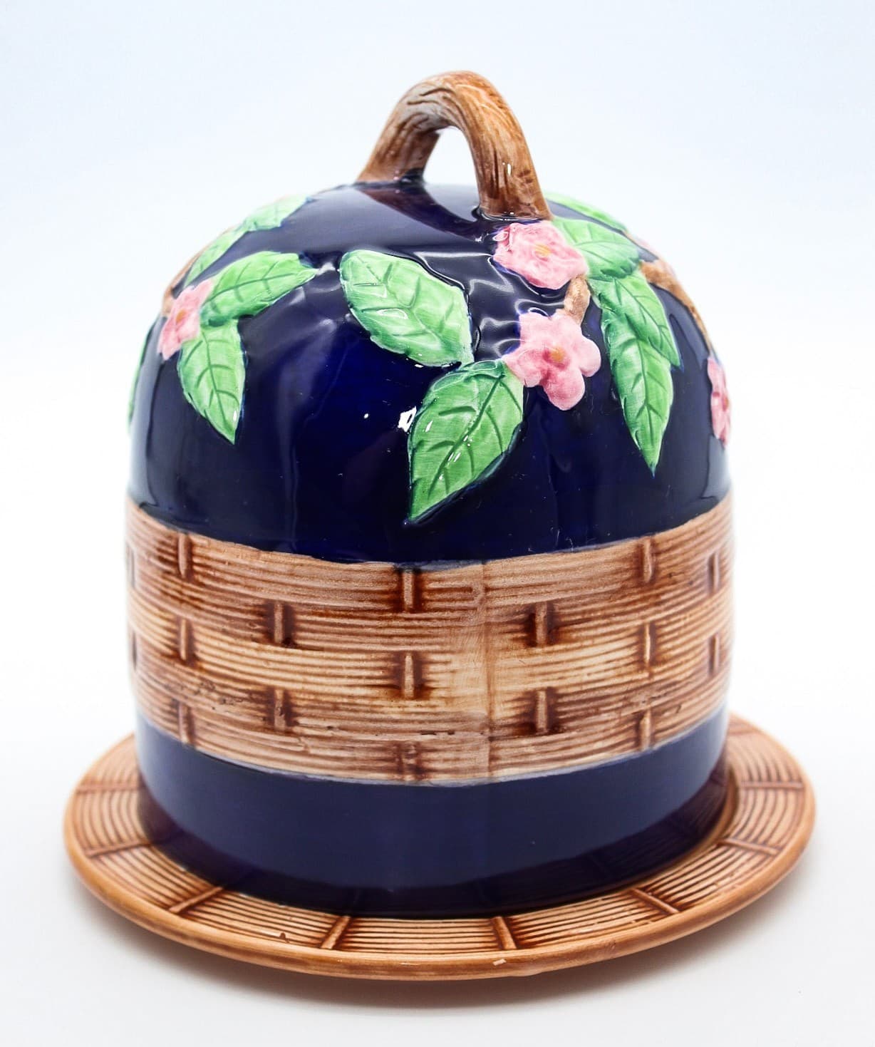 Majolica Hand Painted Pottery Hand Painted Weaved Covered Dome Cheese Dish 7.5" - Thumbnail 3