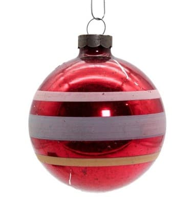 SHINY BRITE Red White Lavender Yellow Stripe Glass Christmas Ornament - Image 1