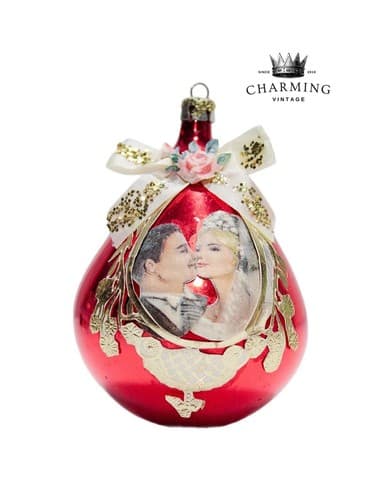Antique Mercury Glass & Paper Newly Weds Motif European Red Christmas Ornament - Image 1