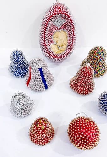 9 Vintage Push Pin Beaded Sequin Virgin Mary Bells Ball Christmas Ornaments - Thumbnail 3