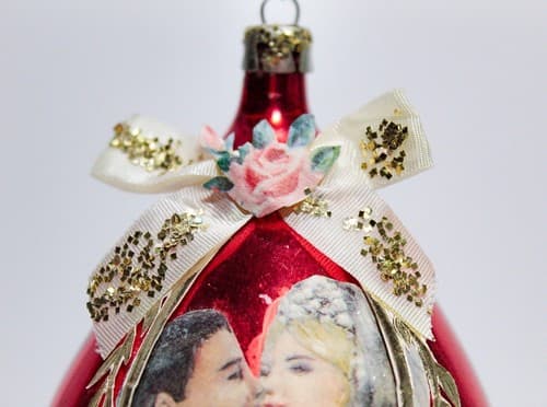 Antique Mercury Glass & Paper Newly Weds Motif European Red Christmas Ornament - Thumbnail 2